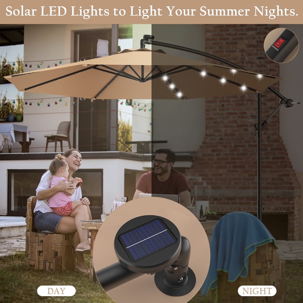 Aimee Lii 10 Feet Patio Hanging Solar LED Umbrella Sun Shade with Cross Base, Table Umbrella Outdoor Patio, Beige Aimee Lii 10 Feet Patio Hanging Solar LED Umbrella Sun Shade with Cross Base, Table Umbrella Outdoor Patio, Beige