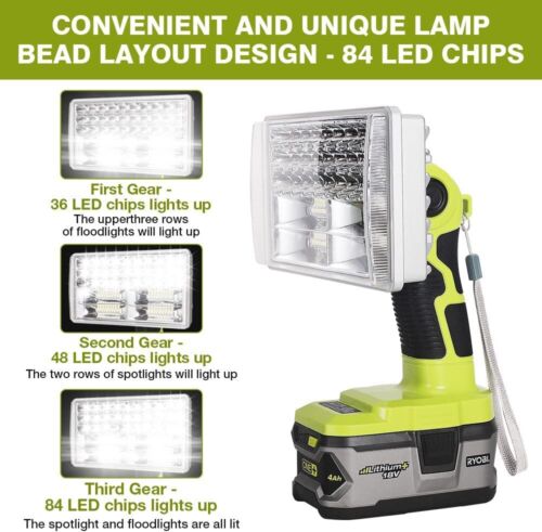 4200LM Cordless LED Work Light Powered by Ryobi 18V ONE+ Li-ion Ni-Cad Ni-Mh Battery, Ryobi 18V Flashlight Spotlight with 9" Zinc Alloy Lamp Cap, Use for Emergency, Camping, Hiking