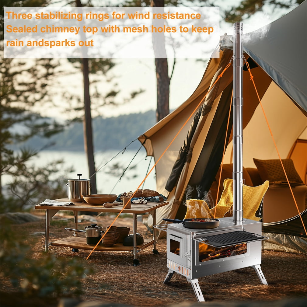 Wisfor Heavy Duty Stainless Steel Camping Wood Burning Stove Tent Stove for Outdoor Heating Cooking with Chimney, 12.2x15.75inch