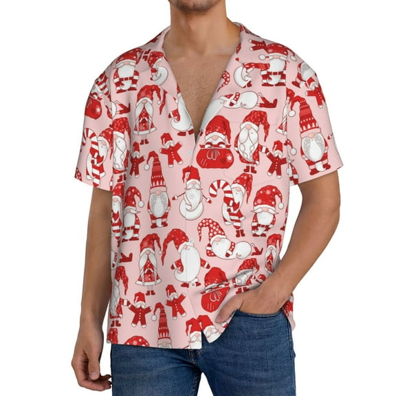 Logiee Gnome Merry Christmas Print Men's Button Down Shirts Short Sleeve, Summer Beach Shirts,Vacation Wedding Shirts,Men's Casual Button-Down Shirts with Pocket-Small