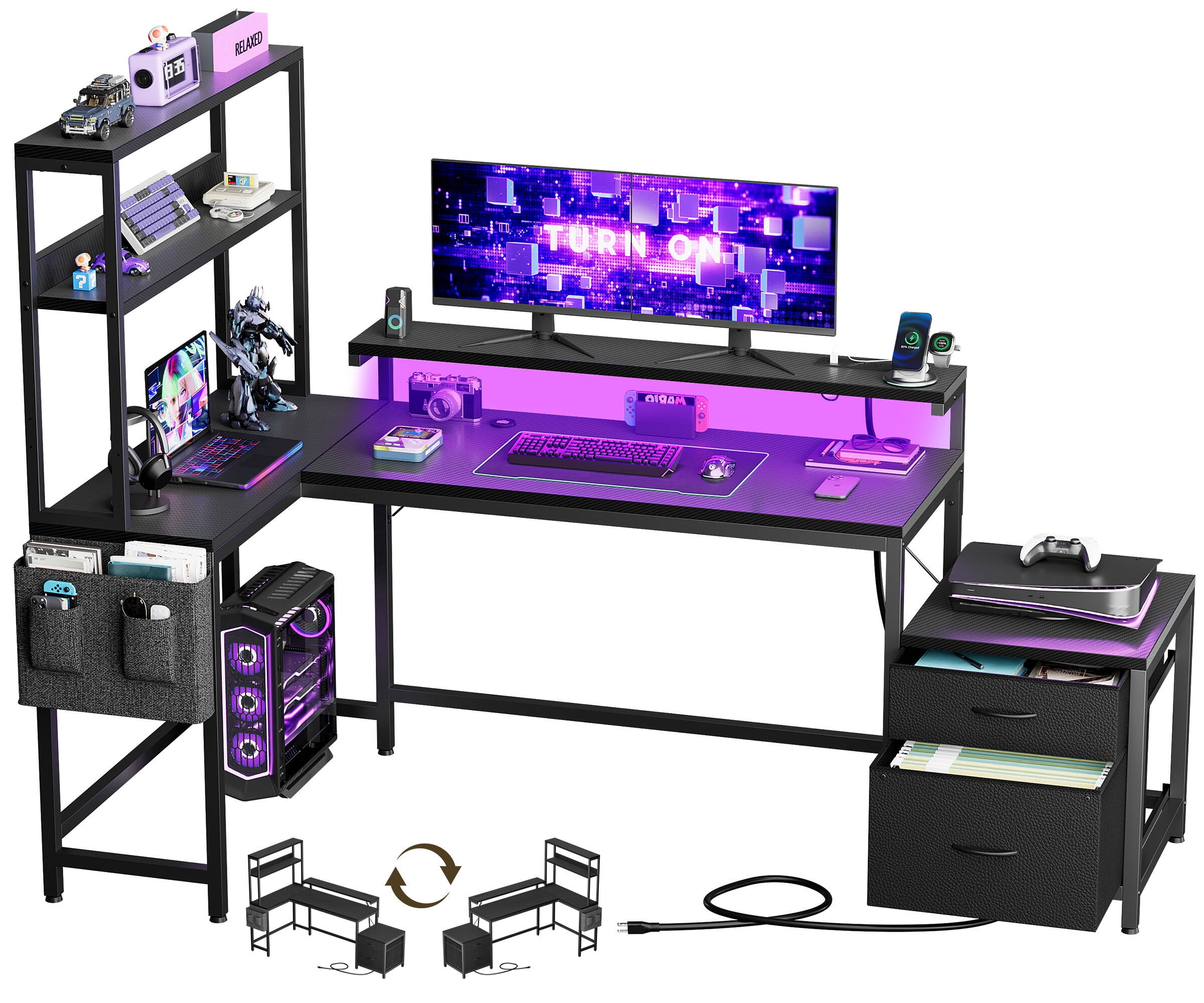 GUNAITO 71" L Shaped Gaming Desk with 2 Drawers and shelves, Corner Desk with LED Lights & Power Outlets,Carbon Fiber Black
