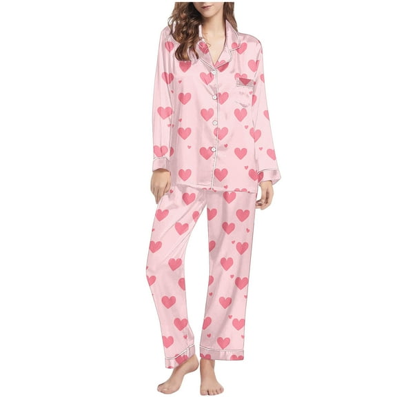 Tnhcen Valentine's Home Clothes Set Elegant Women's 2-Piece Outfit with Heart Print Long Sleeve Shirt Comfortable Long Pants S-2XL