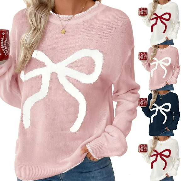 zaveiop Women Bow Sweater Y2k Crewneck Long Sleeve Knitted Pullover Teen Girls Oversized Sweaters Cute Fall Tops (Blue, S)