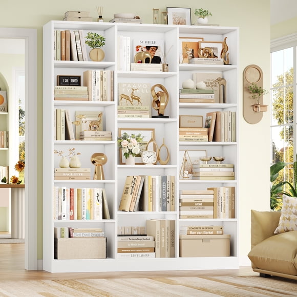 Homfa Triple Row 6-tier Bookshelf, 74 in Tall Bookshelf with 17 Open Display Shelves, Large Bookcase for Office Living Room, White