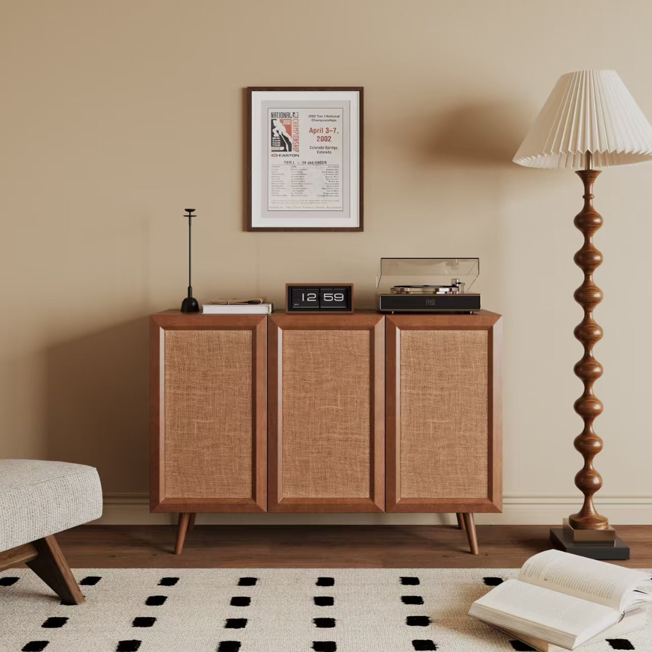 Noble House Laris 47" 3-Door Rattan Buffet Cabinet with Solid Wood Door Frames, Accent Sideboard TV Stand, Walnut