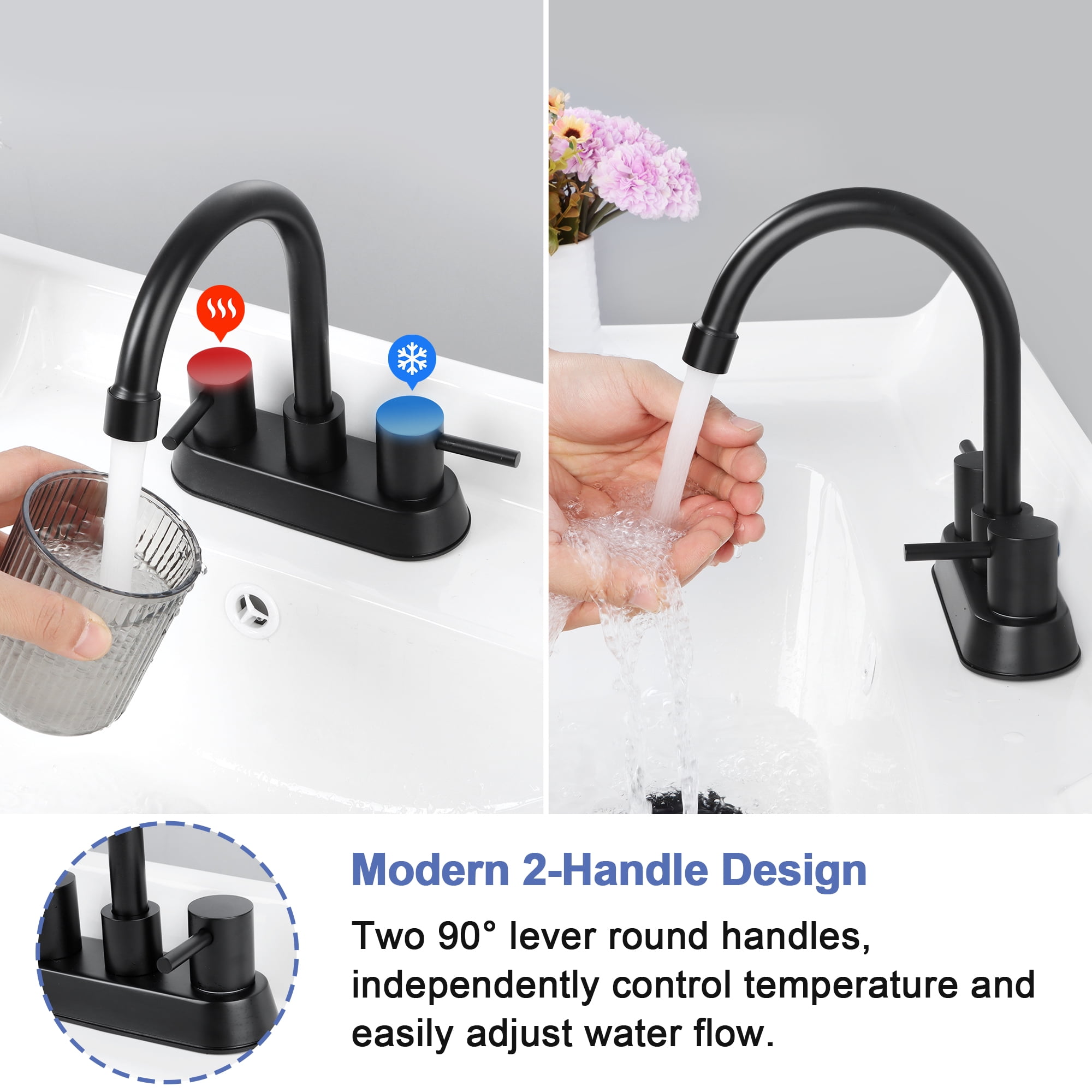 Coliware Black Bathroom Faucet, Stainless Steel 2-Handle Bathroom Sink Faucet with Pop-Up Drain 2 Water Supply Hoses for 3 Hole, Bathroom Centerset Basin Faucet for Vanity RV