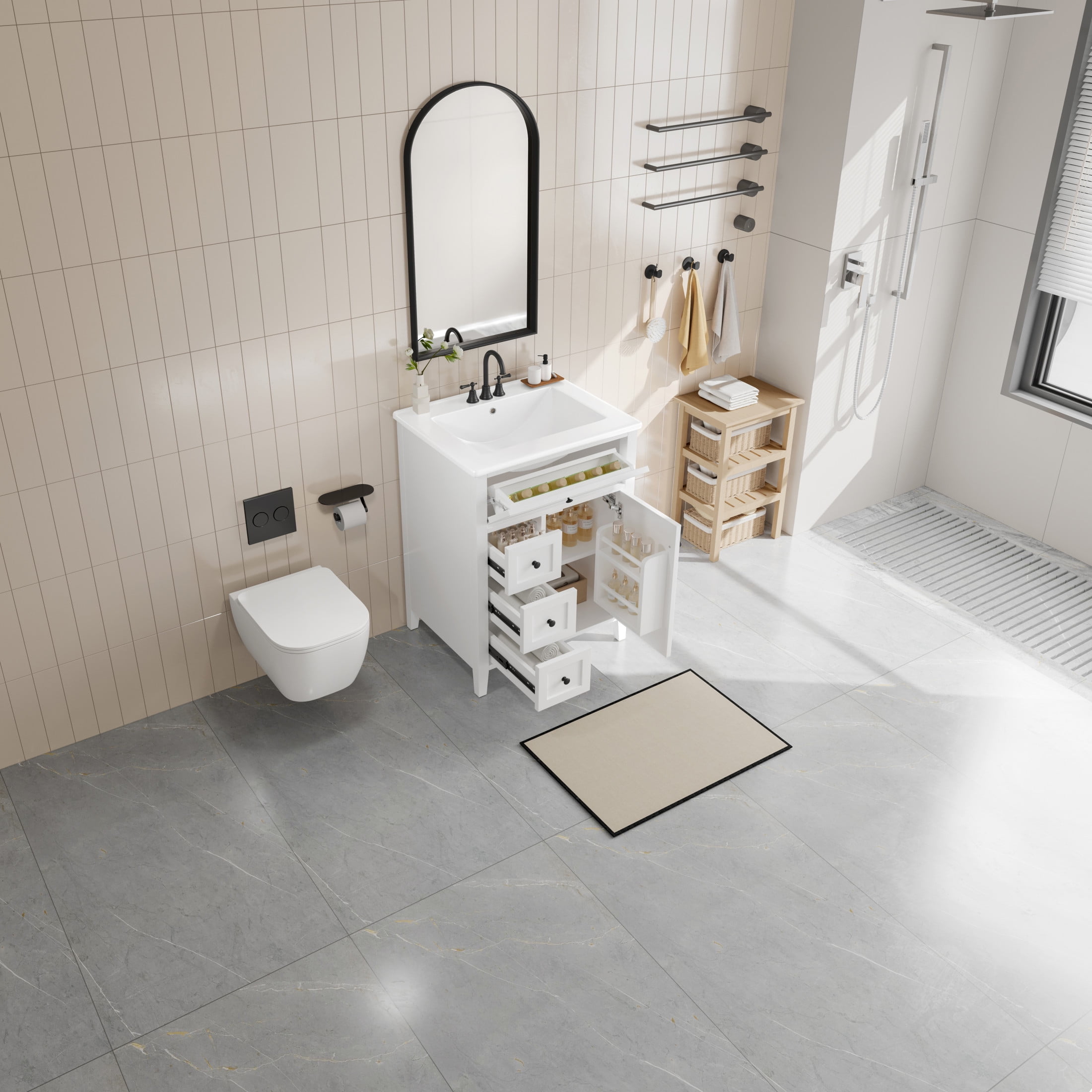 GDF Studio 24" Bathroom Vanity with Sink, 3 Drawers, Storage Cabinet, Adjustable Shelves, Modern Design, White