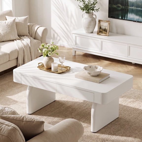 Tribesigns 47.24'' Wooden White Coffee Table with 2 Hidden Drawers