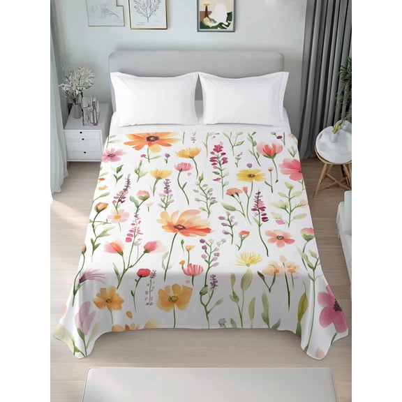 Flower California King Size Flat Sheet, Wrinkleproof & Fadeproof Cooling Flat Bed Sheet Only, Eucalyptus Plant Garden Red Floral Watercolor Breathable Soft Bedding Top Sheets 108 x 98 Inches