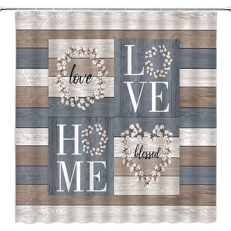 

Rustic Farmhouse Shower Curtain Cotton Vintage Country Wooden Barn Plank Love Home Fabric Bathroom Decor Set with Hooks（70 Wx70 H）