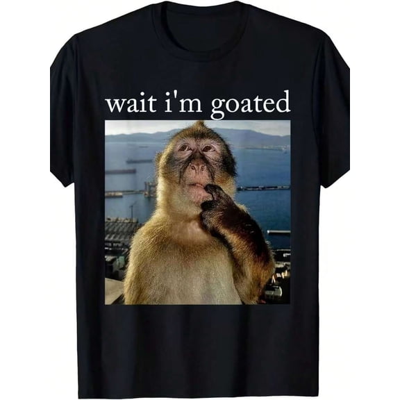 【New Arrival】Wait I'm Goated Thinking Monkey Meme Graphic T-Shirt, Soft Cotton Crew Neck Short Sleeve Casual Streetwear Tee, Humor Novelty Gift For Internet Culture Fans