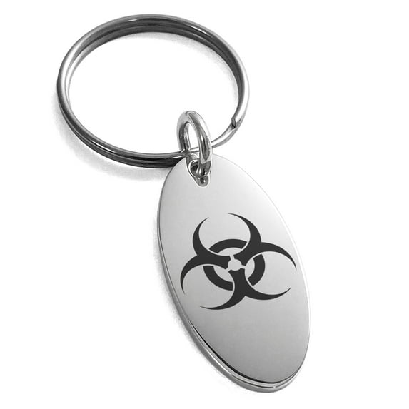 Stainless Steel Biohazard Engraved Small Oval Charm Keychain Keyring