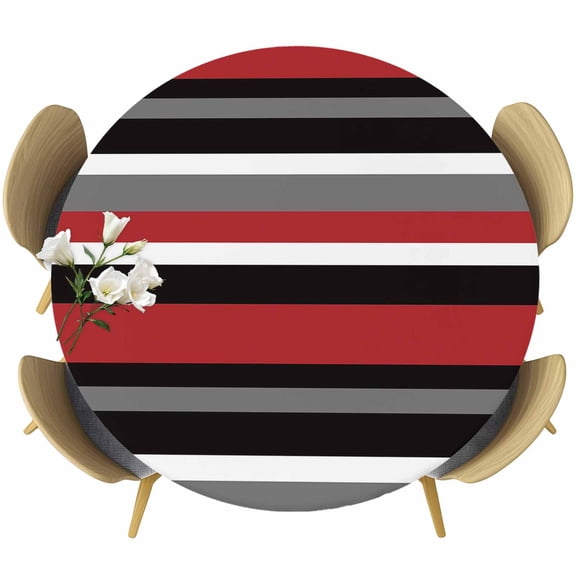 Geometric Stripes Round Fitted Table Cover Red Black Waterproof Table Cloth with Elastic Edge Wipeable Tablecloth for Picnic Camping Party Fits 55"-60" Diameter