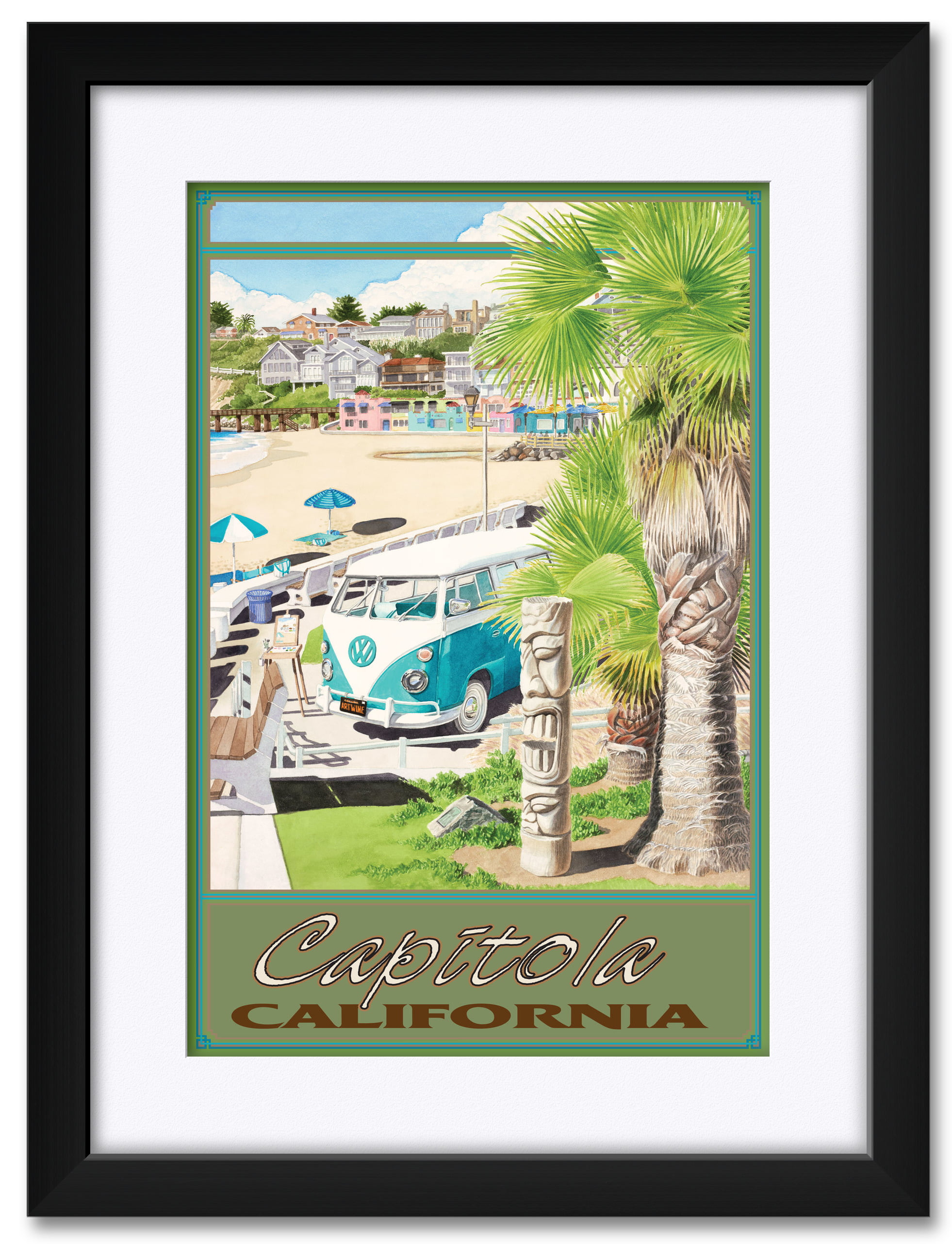 Capitola California Tiki Framed & Matted Art Print by Evelyn Jenkins Drew. Print Size 12" x 18