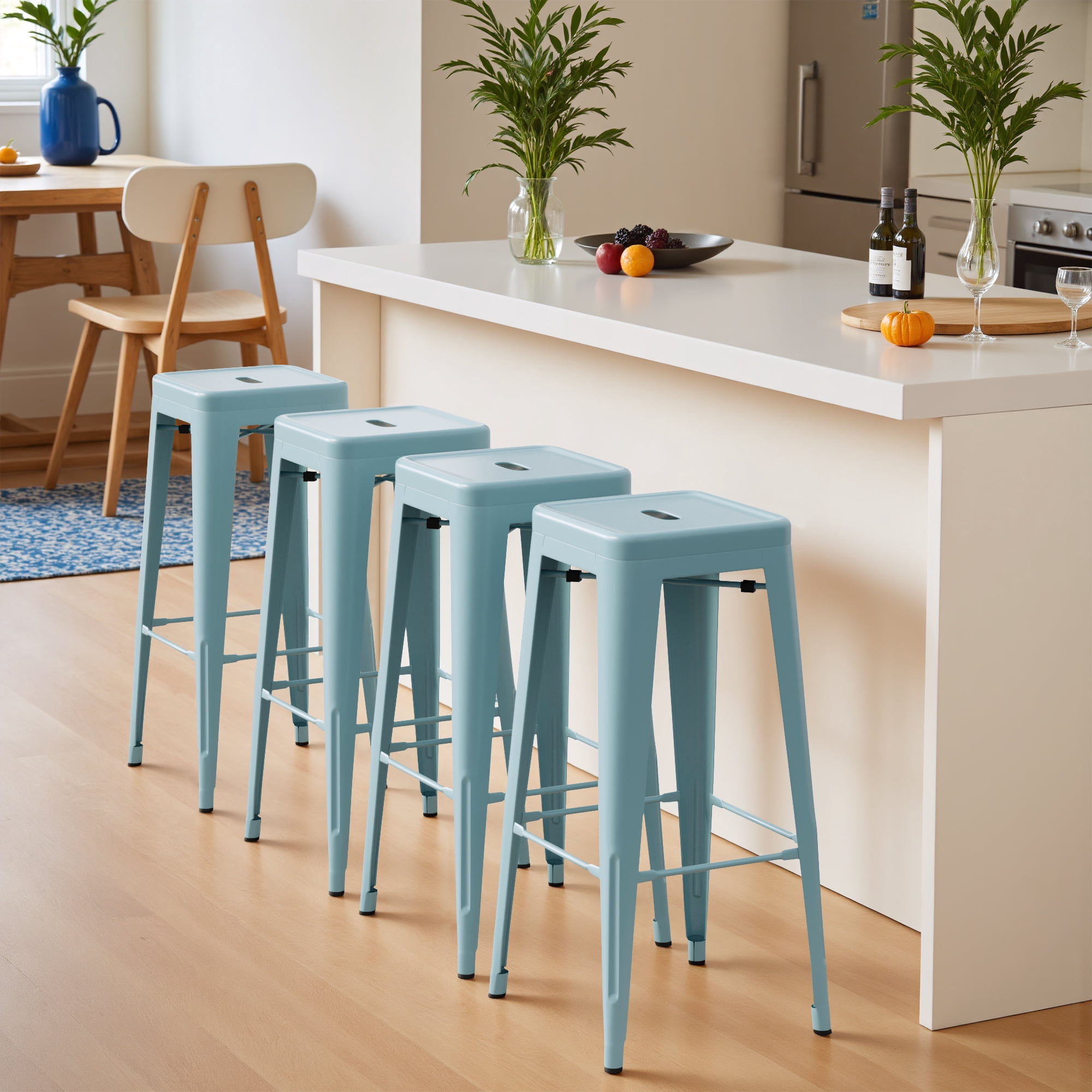 VINEEGO 30 inches Metal Bar Stools High Backless Stackable Stools Indoor-Outdoor Counter Stools Set of 4 (Blue))