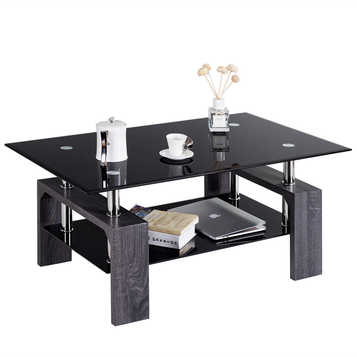 Gymax Rectangular Glass Coffee End Side Table w/ Shelf Living Room Furniture Black