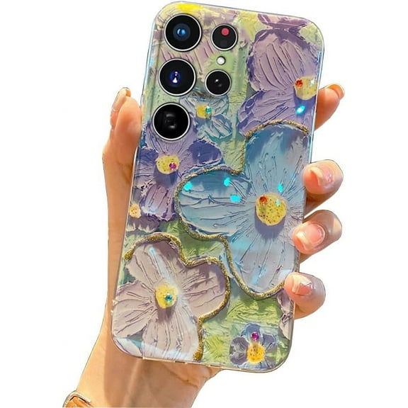 Case for Samsung Galaxy S22 Ultra, Colorful Retro Oil Painting Flower Laser Glossy Cute Exquisite Floral Blossom Phone Cover Stylish Durable TPU Protective Case for Girls Women - Purple Flower