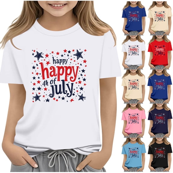 oelaio Kids Girls 4th of July Short Sleeve T-Shirts American Flag Patriotic Tops Boys Crewneck Graphic Tee Khaki 13-14 Years