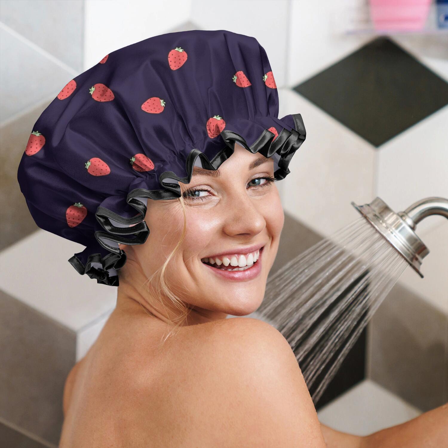 Shower Caps,Red Strawberry Plants Dark Pattern Waterproof Shower Cap for Women 4 Pieces,Double Reusable Hair Cover for Shower PEVA Elastic Stretch Hem