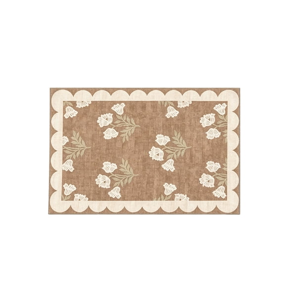 Cadancy Area Rug with Scalloped Edge Floral Pattern Non-Slip Washable Floor Mat Indoor Outdoor Entryway Kitchen Bedroom Living Room Low Pile Carpet Boho Home Farmhouse Decor