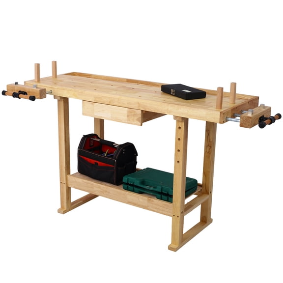 55" Solid Wood Workbench with 1 Drawer and Lower Shelf, Multi-Function Workbench for Garage, Woodworking Carpenter Workshop
