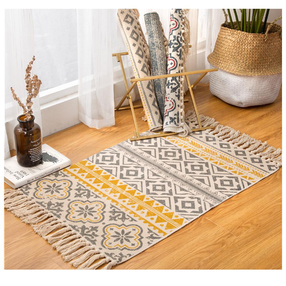 Details about   Retro Carpet Rug Hand Woven Cotton Linen Bedside Geometric Floor Mat Bedroom 