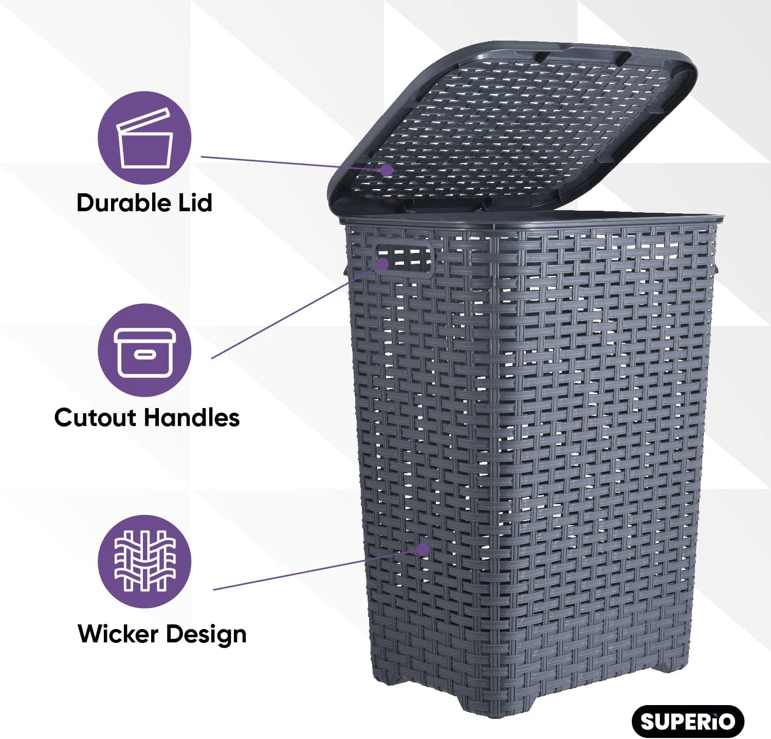Superio 60L Large Wicker Plastic Laundry Hamper with Lid Grey 2 Pack