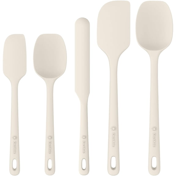5 piece silicone spatula set, food grade rubber, heat resistant 600°F, strong ergonomic handle, nonstick cookware friendly, white