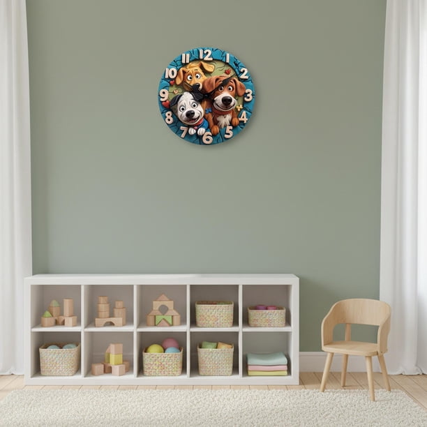 Reloj de pared con diseño de cachorro de dibujos animados 2D, movimiento silencioso, redondo, decorativo, para sala de estar, cafetería y oficina. 30 cm