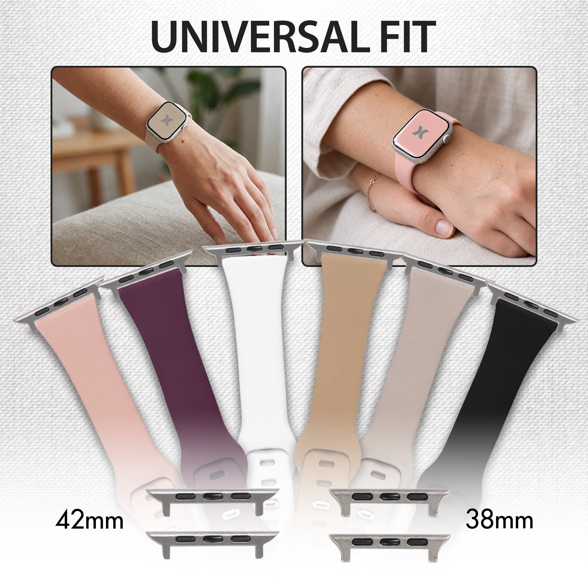 Xtreme 6-Pack Skinny Silicone Bands for Apple Watch Series 1-10 and Ultra 2, Slim Adjustable Smart Watch Bands, Assorted Neutral Colors