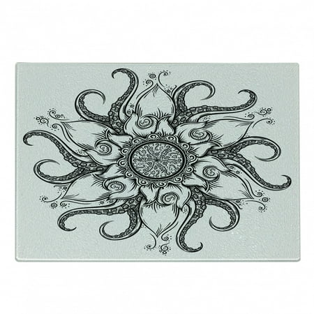 

Octopus Cutting Board Sea Mandala Floral Ocean Animal Tribal Leaves Hand Drawn Art Decorative Tempered Glass Cutting and Serving Board Small Size Black White by Ambesonne