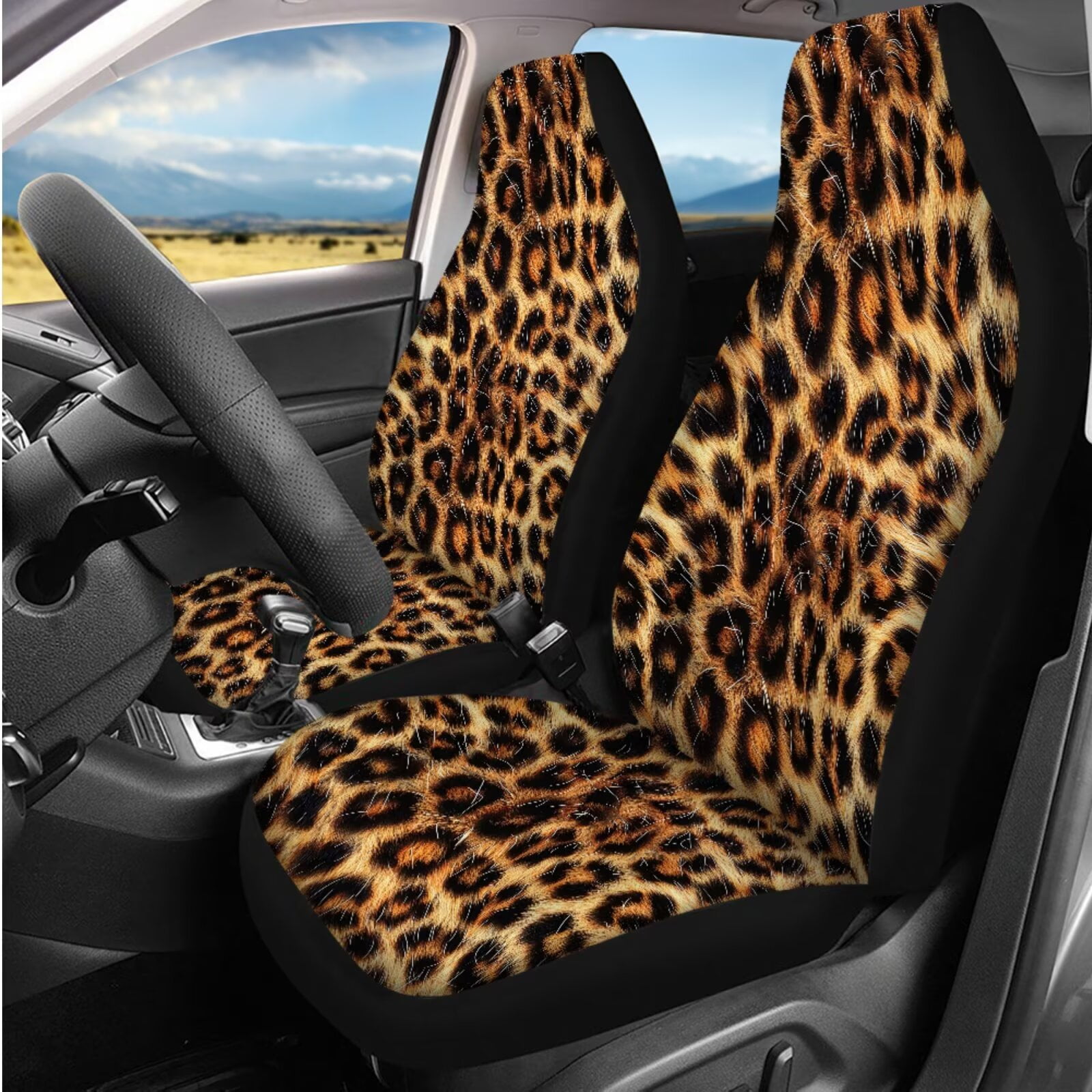 HUIACONG Brown Leopard Print Car Seat Covers Full Set for Women 14 Pcs Universal Cheetah Print Car Accessories Steering Wheel Cover Arm Rest Cover Seat Belt Pads Headrest Covers Coasters Keychain