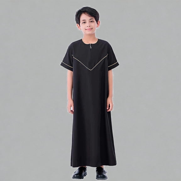 Krdevn Boys Short Sleeve Thobe With Traditional Tunic Robe For Spring & Summer,13-14 Years