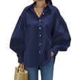 thumbnail image 2 of CIENVNSTG Women's 2026 Spring Fall Trendy Casual Lapel Button Down Blouse Lantern Puff Long Sleeve V Neck Loose Solid Plus Size Oversized Top Soft Lightweight Office Work Travel Outfit Blue XL, 2 of 6