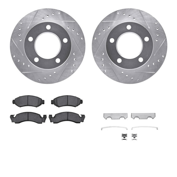 Dynamic Friction Company Front Brake Rotors-Drilled and Slotted-Silver with 5000 Advanced Brake Pads includes Hardware 7512-42003