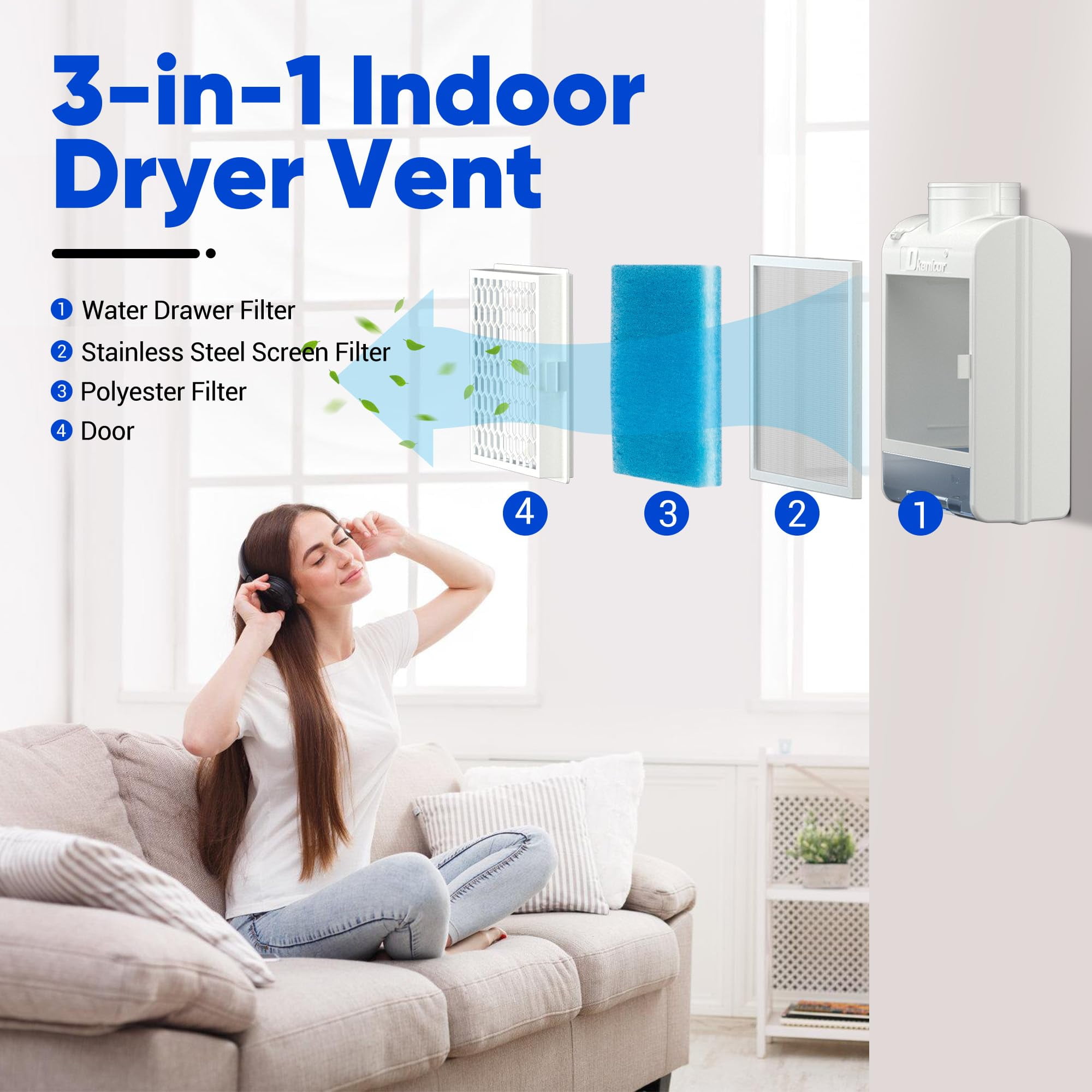 Gewna 3-in-1 Indoor Dryer Vent Kit with Water Drawer System and  Polyester Filters, for Electric Clothes Dryers (Vent Horse Include) White