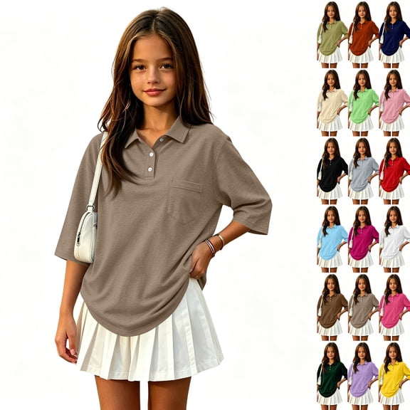 School Shirts for Girls Polo Shirt with Collared Short Sleeve Uniform Tops Summer Casual Kids Clothes Khaki,2-3 Years
