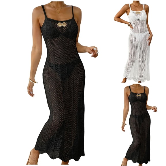 Qzwdhjm Womens Crochet Beach Coverup Hollow Out Maxi Cami Dresses Square Neck Scalloped Hem Swimsuits Coverups Beach Holidays Bikini Coverup