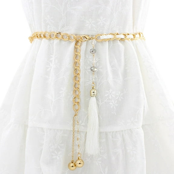 Prolriy Chain Belts for Women Casual Fashion Metal Wear Belt Waist Chain Tassel Pendant Belt Womens Belt White