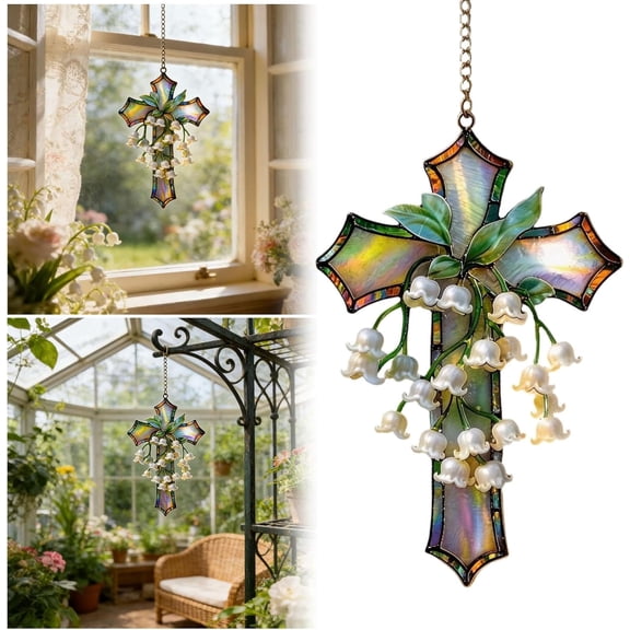 Easter Cross Ornament for Tree Decorations – Purple Flower Design, Easter Resurrection Decor, Religious Gift for Women & Men, Cross Suncatcher & Easter Basket Stuffer