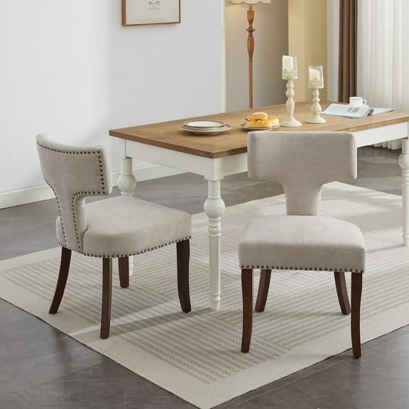 Set of 2 Mid Century Modern Dining Chairs, Farmhouse Linen Fabric Upholstered Accent Chair Curved Backrest with Copper Nails around,Kitchen Chairs with Hardwood Frame