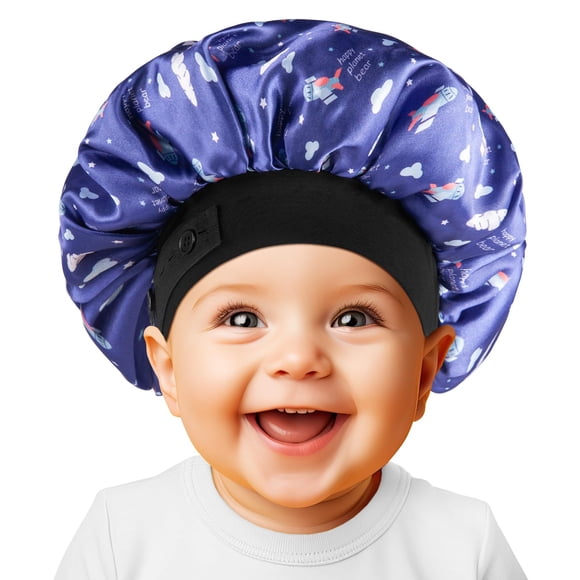 WINSTECK Gorro de Bebé Gorro de Satén de Seda Suave para Niñas Niños Bebé Doble Capa y Banda Elástica Ancha Gorro de Dormir para Niños Gorro de Noche Azul Ajustable para Niños Pequeños Cabello Natural