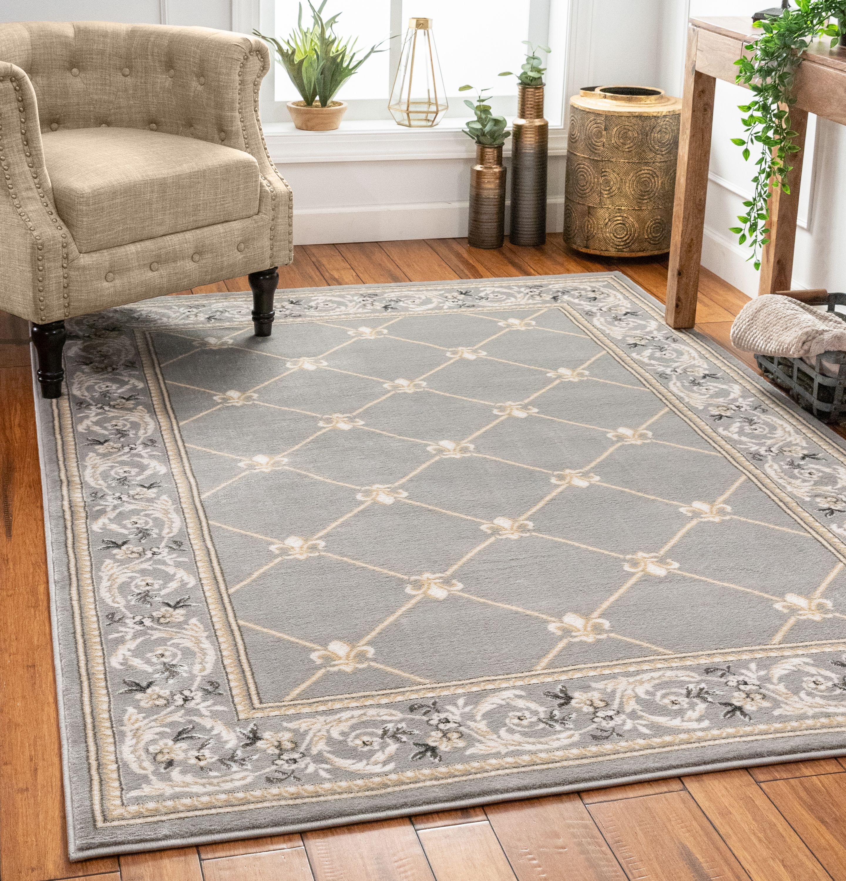 Patrician Trellis Grey Lattice Area Rug European French Formal