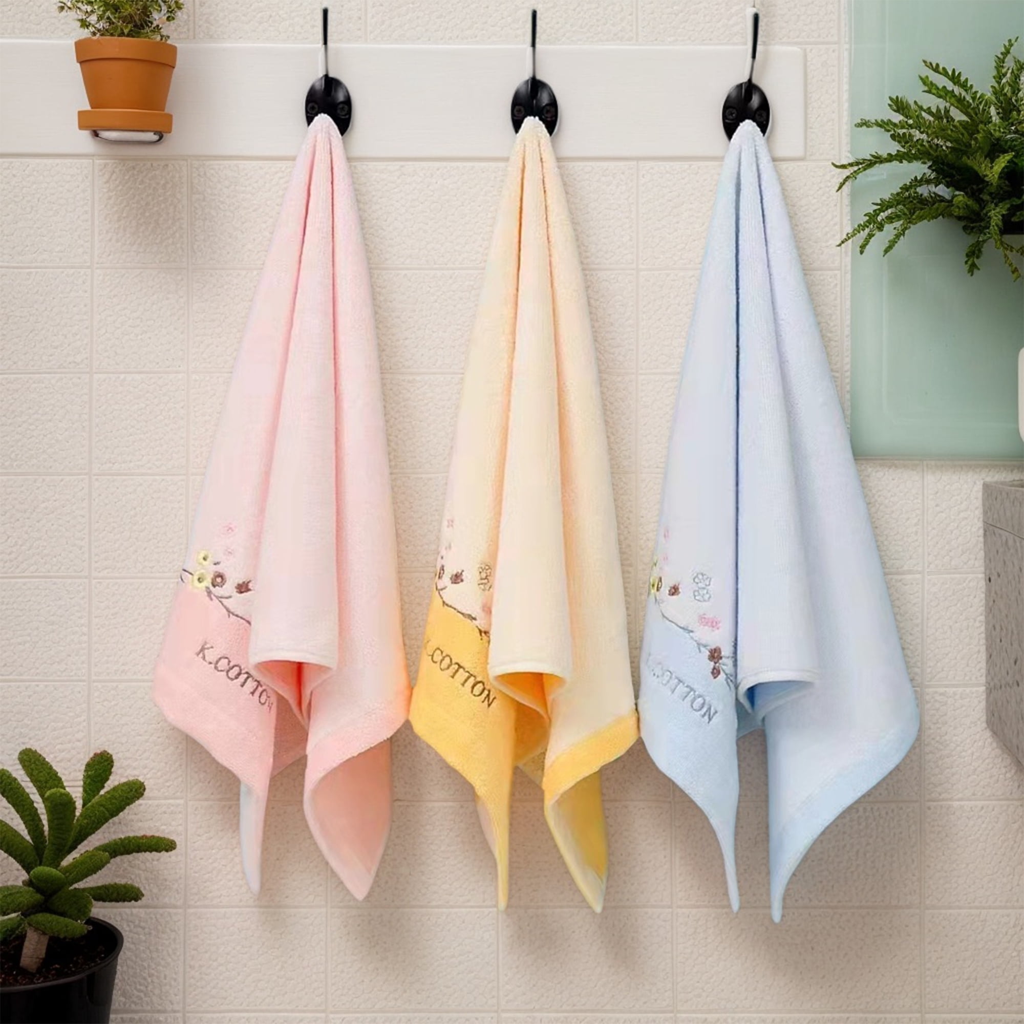 Unique Bargains Floral Embroidered Cotton Bathroom Hand Towels Yellow 2-Piece