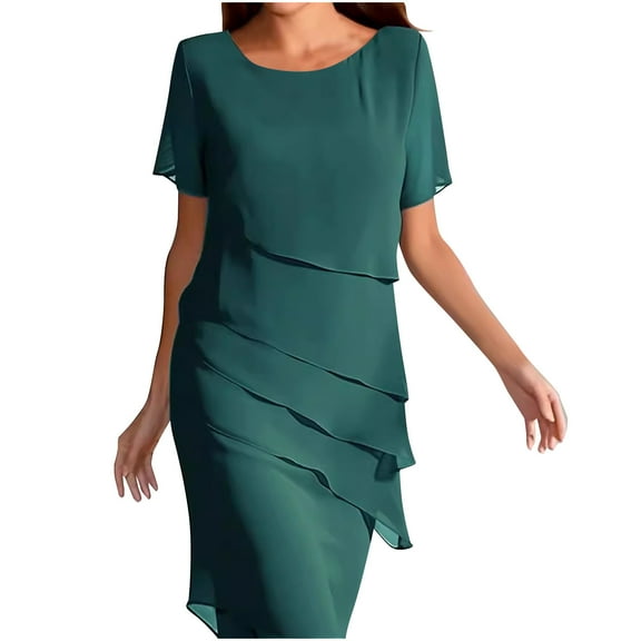 Summer Saving! Summer Saving! Ashirexll Midi Dresses for Women, Womens Summer Dresses, Women Fashion Summer Solid Color Patchwork Chiffon Short Sleeve Round Neck Dress