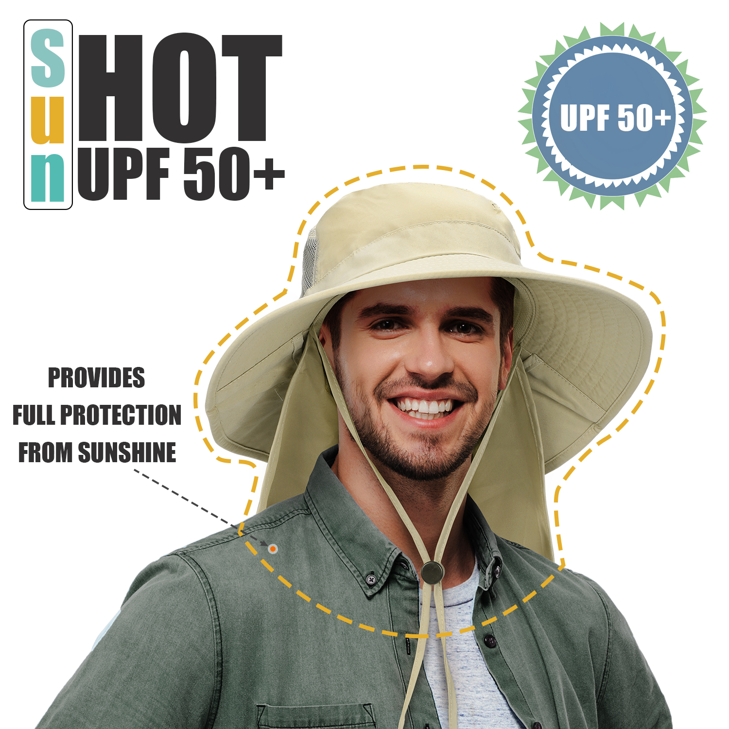 Men's Sun Hat with Neck Flap, Wide Brim Fishing Safari Hiking Hat, UPF 50+ Protection, Adjustable Chin Strap - image 2 of 7