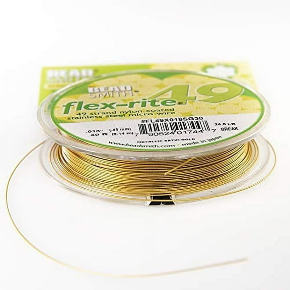 The Beadsmith Flex-Rite Wire - Beading Wire, 49 Strand, Gold, .018", 30 Ft, Nylon Coated