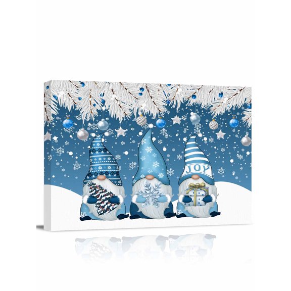 Blue Christmas Canvas Print Wall Art Framed Canvas Art Wall Decor Winter Dwarfs Snowflake Christmas Tree Ball Pictures Painting Morden Artwork for Living Room Bedroom, Ready to Hang - 12"x16"