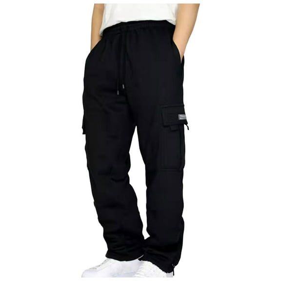 Ierhent Mens Heavyweight Fleece Cargo Sweatpants Baggy Drawstring Elastic Waist Pockets Loose Fit Jogger Athletic Sweat Pants(Black,XL)