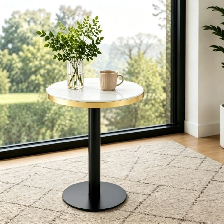 23.6" Round Light Luxury Coffee Table, UV Paint MDF Marble Texture Countertop with Stainless Steel Edging, Sturdy Metal Leg Side Table for Living Room Bedroom Entryway Office